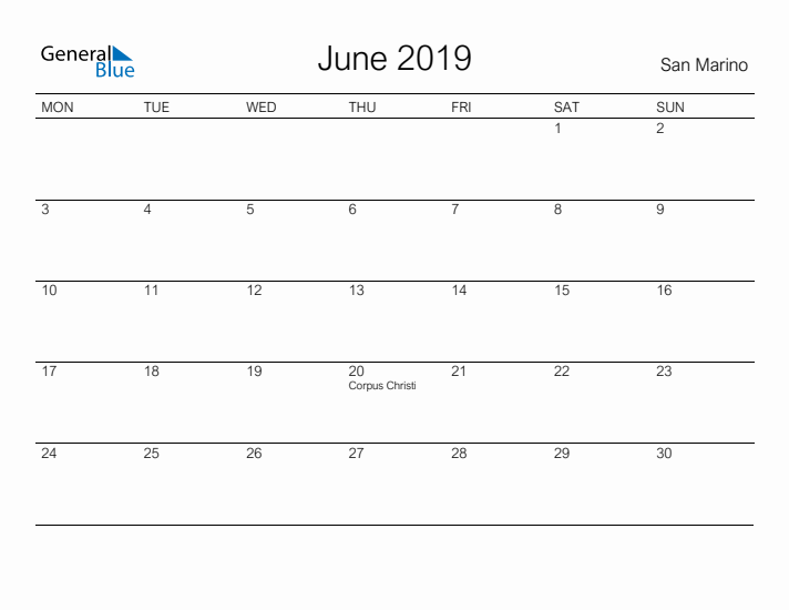 Printable June 2019 Calendar for San Marino