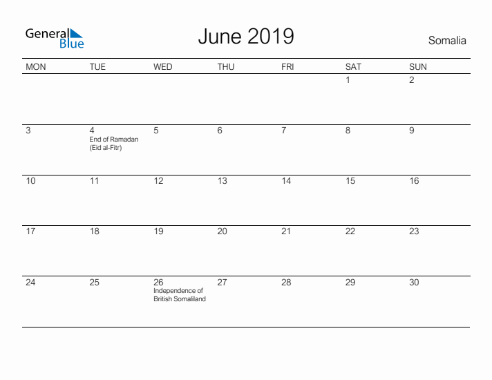 Printable June 2019 Calendar for Somalia