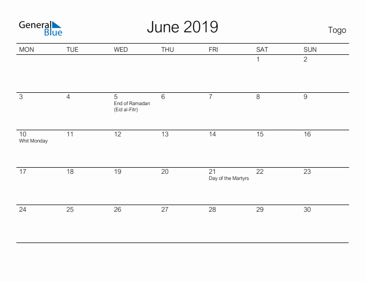 Printable June 2019 Calendar for Togo