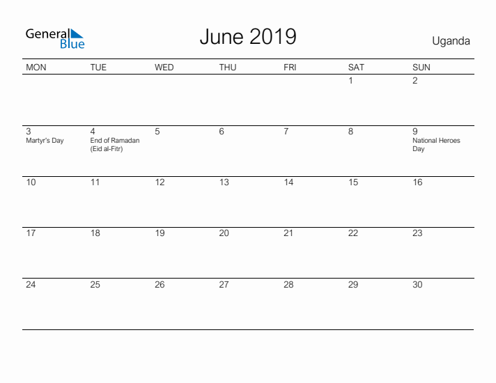 Printable June 2019 Calendar for Uganda