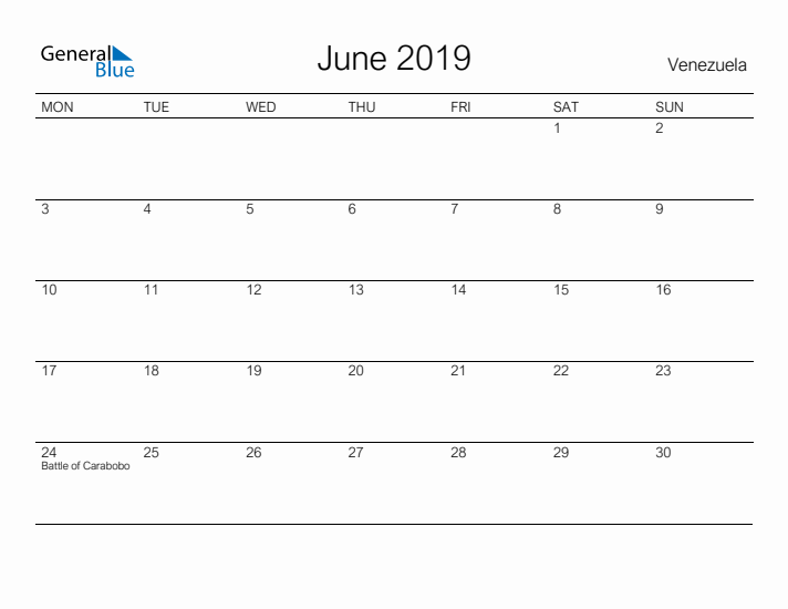 Printable June 2019 Calendar for Venezuela