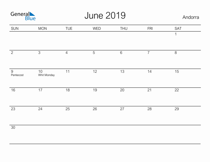 Printable June 2019 Calendar for Andorra