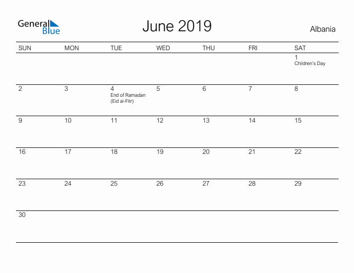 Printable June 2019 Calendar for Albania