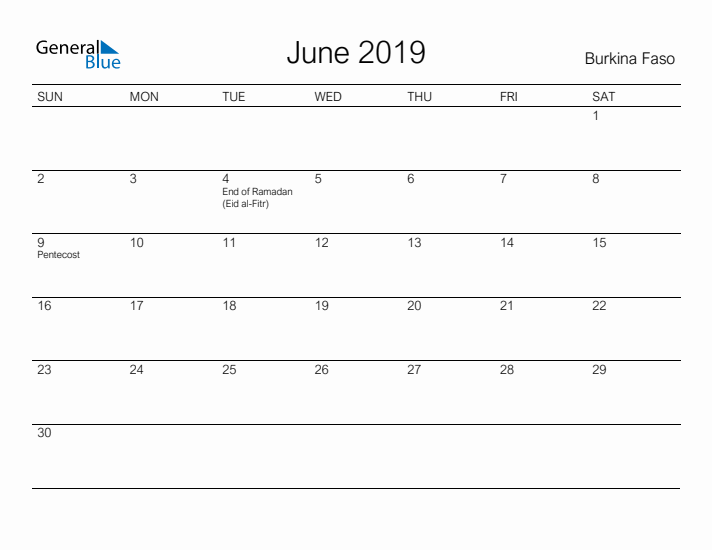 Printable June 2019 Calendar for Burkina Faso