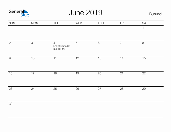 Printable June 2019 Calendar for Burundi