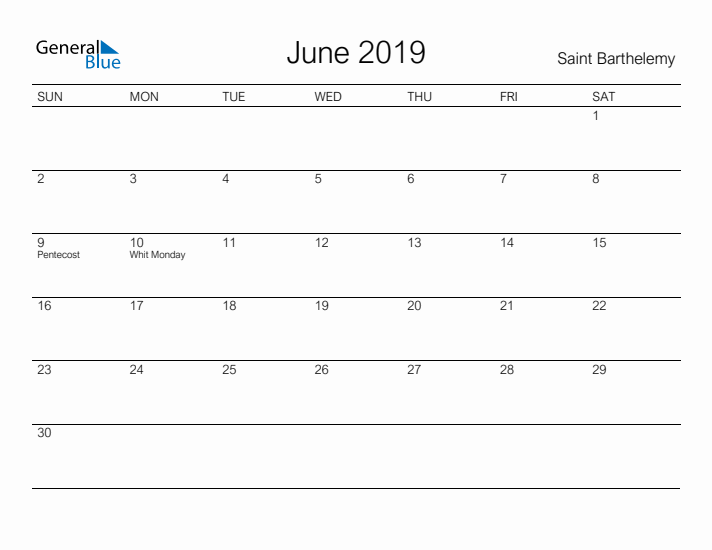 Printable June 2019 Calendar for Saint Barthelemy