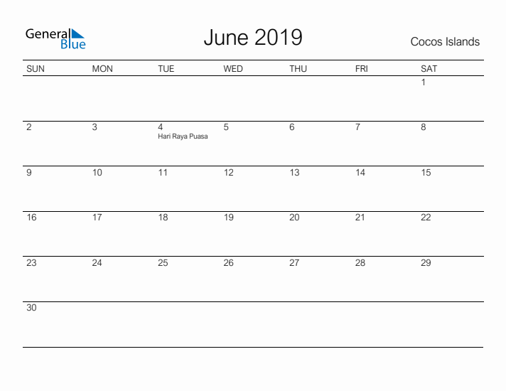 Printable June 2019 Calendar for Cocos Islands