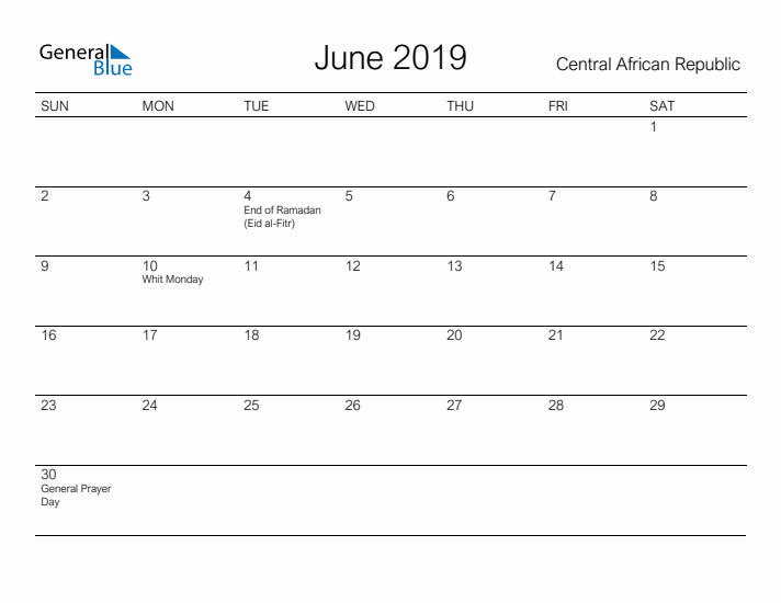 Printable June 2019 Calendar for Central African Republic