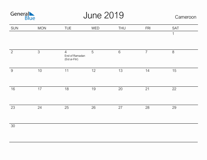 Printable June 2019 Calendar for Cameroon