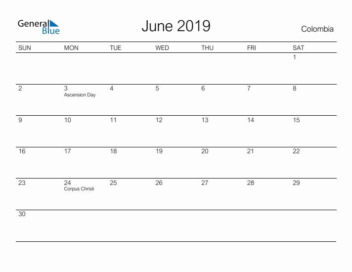 Printable June 2019 Calendar for Colombia