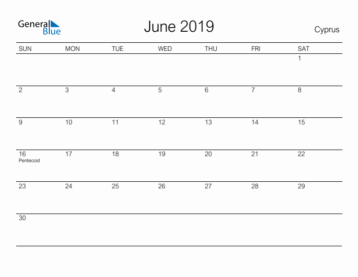 Printable June 2019 Calendar for Cyprus