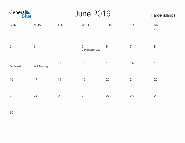 Printable June 2019 Calendar for Faroe Islands