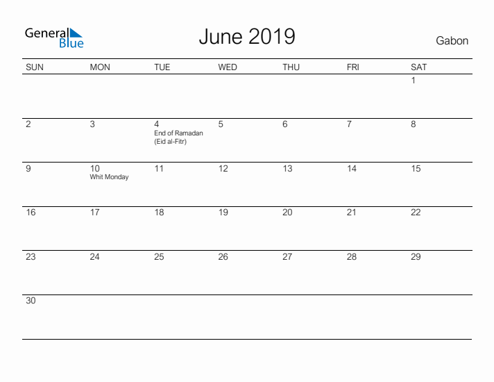 Printable June 2019 Calendar for Gabon