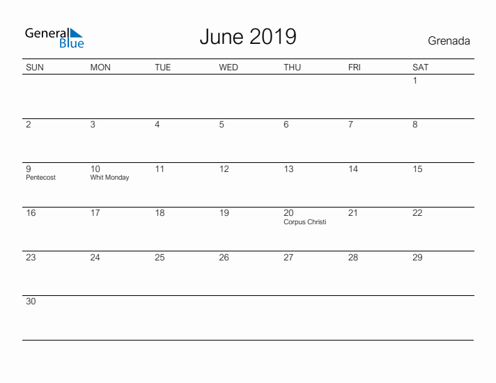 Printable June 2019 Calendar for Grenada