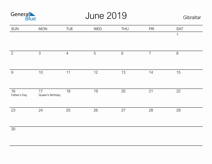 Printable June 2019 Calendar for Gibraltar