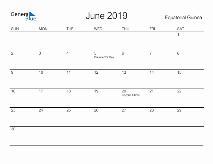 Printable June 2019 Calendar for Equatorial Guinea