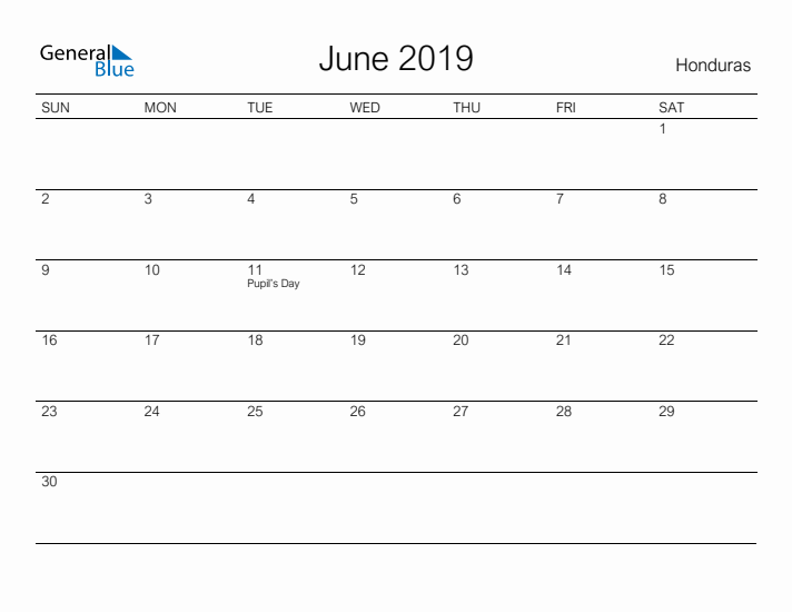 Printable June 2019 Calendar for Honduras