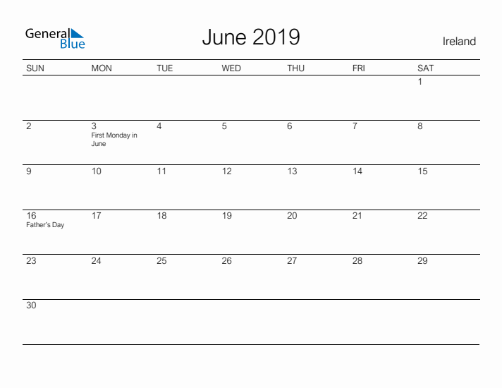 Printable June 2019 Calendar for Ireland