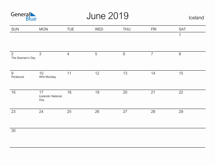 Printable June 2019 Calendar for Iceland