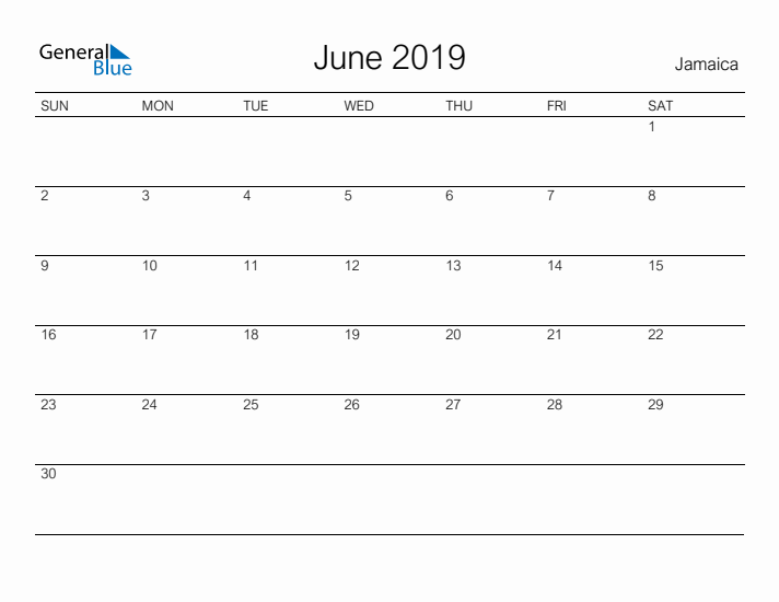 Printable June 2019 Calendar for Jamaica