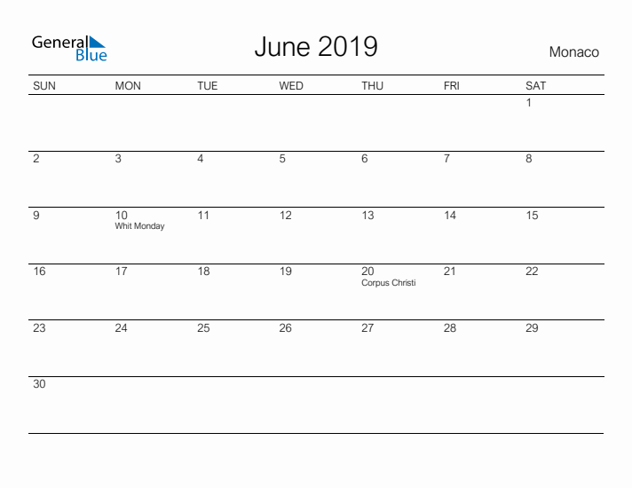 Printable June 2019 Calendar for Monaco