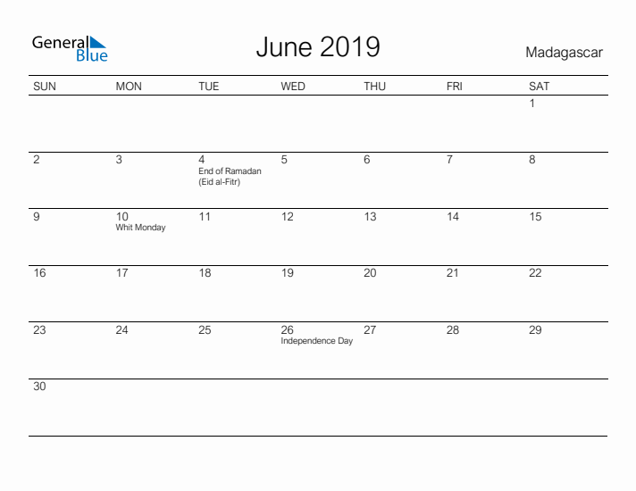 Printable June 2019 Calendar for Madagascar