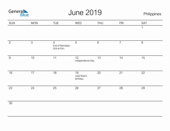 Printable June 2019 Calendar for Philippines