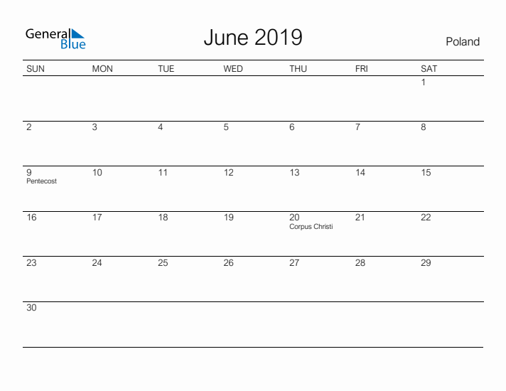 Printable June 2019 Calendar for Poland