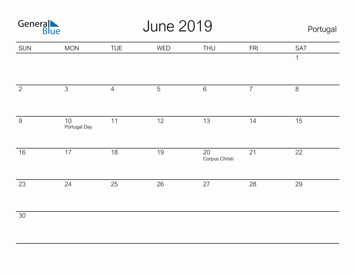 Printable June 2019 Calendar for Portugal