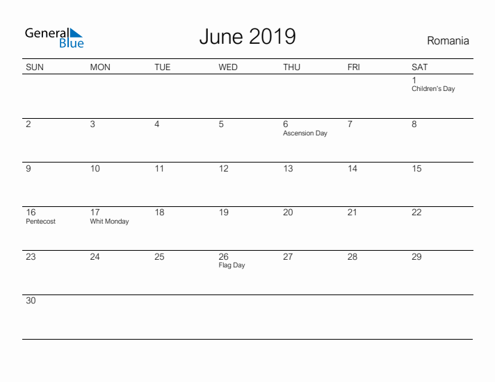 Printable June 2019 Calendar for Romania