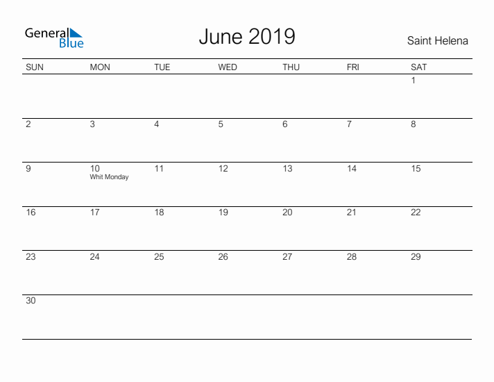 Printable June 2019 Calendar for Saint Helena