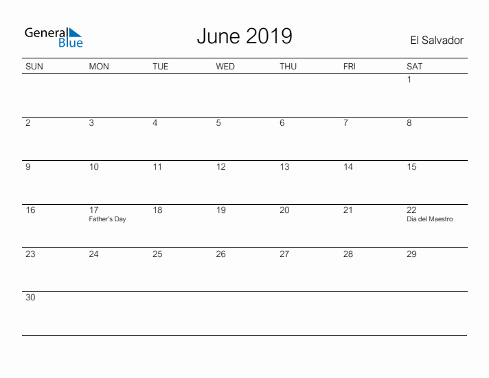 Printable June 2019 Calendar for El Salvador