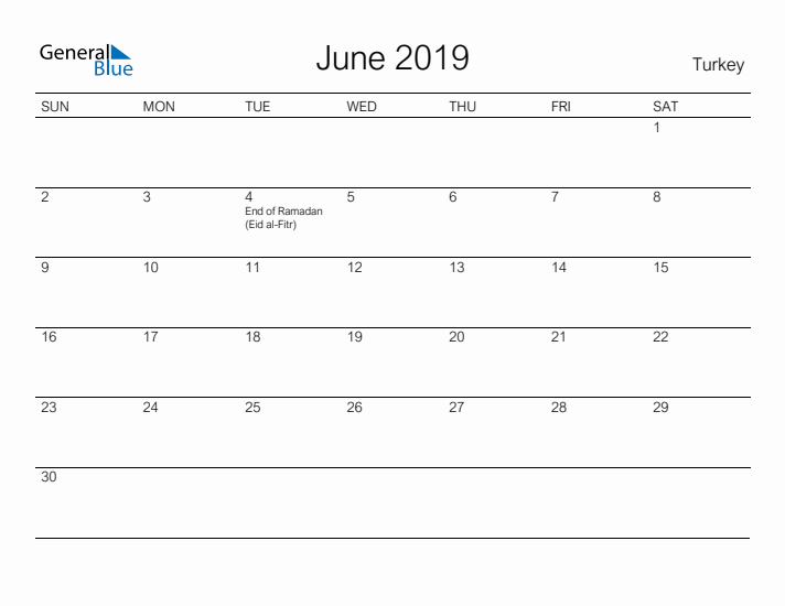 Printable June 2019 Calendar for Turkey