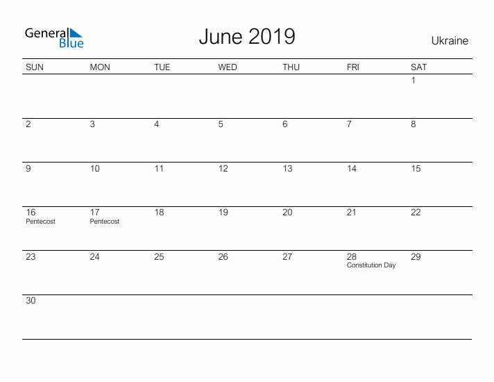 Printable June 2019 Calendar for Ukraine