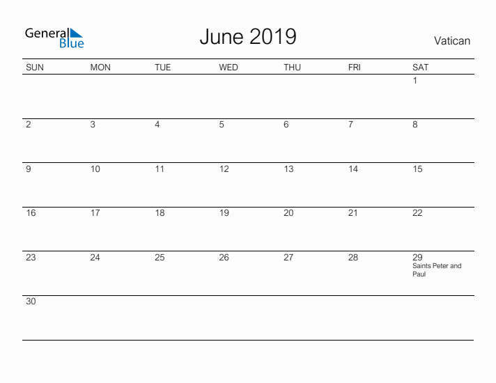 Printable June 2019 Calendar for Vatican