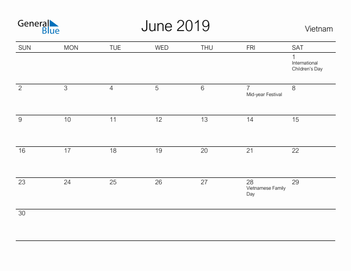 Printable June 2019 Calendar for Vietnam