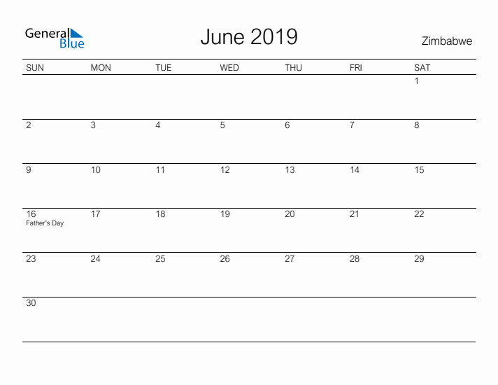 Printable June 2019 Calendar for Zimbabwe