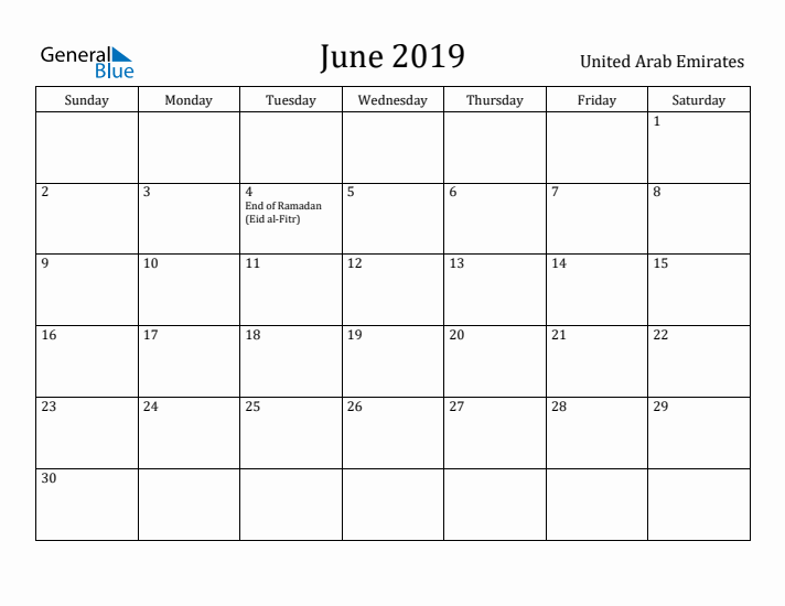 June 2019 Calendar United Arab Emirates