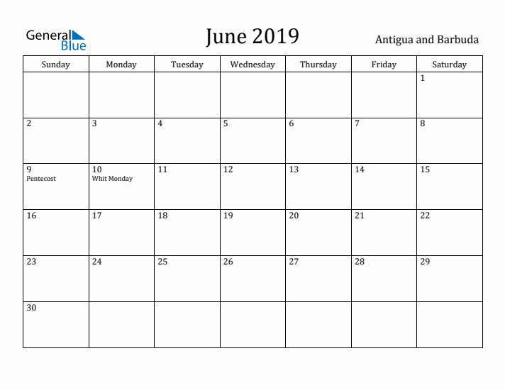 June 2019 Calendar Antigua and Barbuda