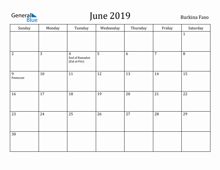 June 2019 Calendar Burkina Faso