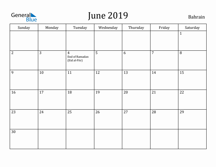 June 2019 Calendar Bahrain