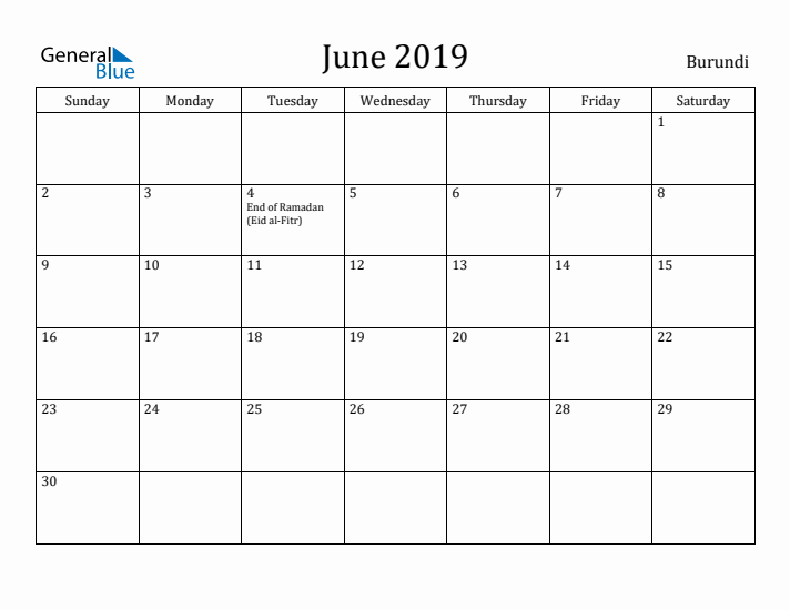 June 2019 Calendar Burundi