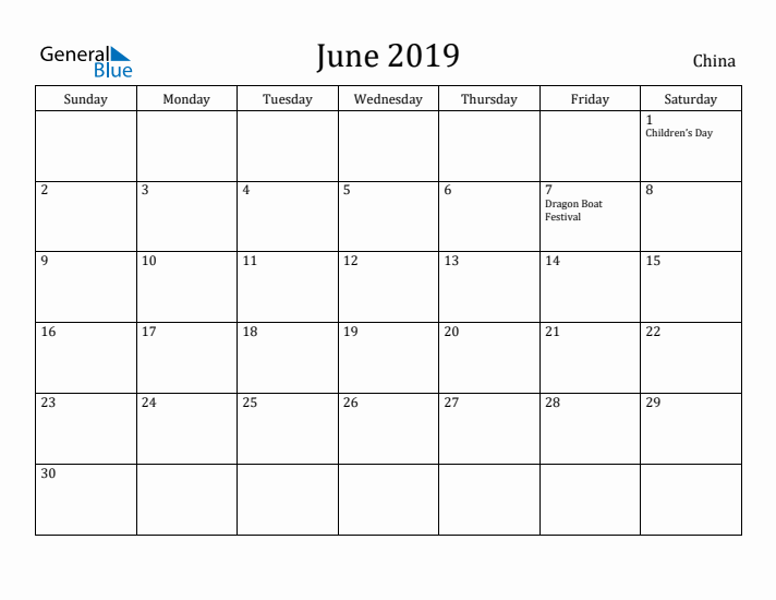 June 2019 Calendar China