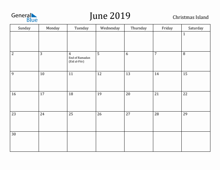 June 2019 Calendar Christmas Island