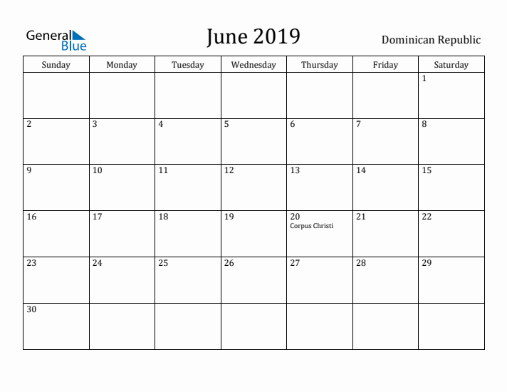 June 2019 Calendar Dominican Republic