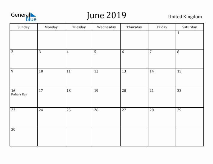 June 2019 Calendar United Kingdom