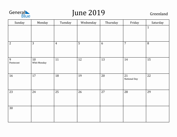 June 2019 Calendar Greenland