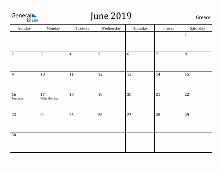 June 2019 Calendar Greece