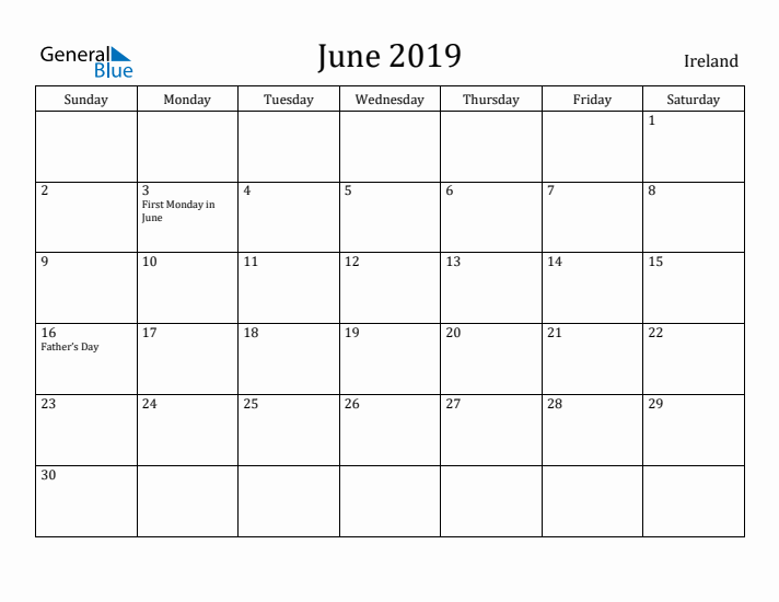 June 2019 Calendar Ireland