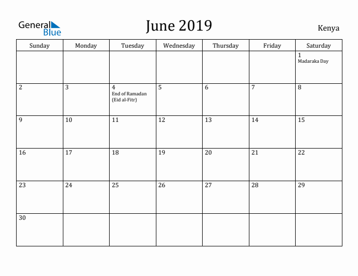 June 2019 Calendar Kenya